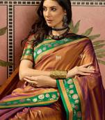 Gold zari woven design saree with contrast unstitched blouse