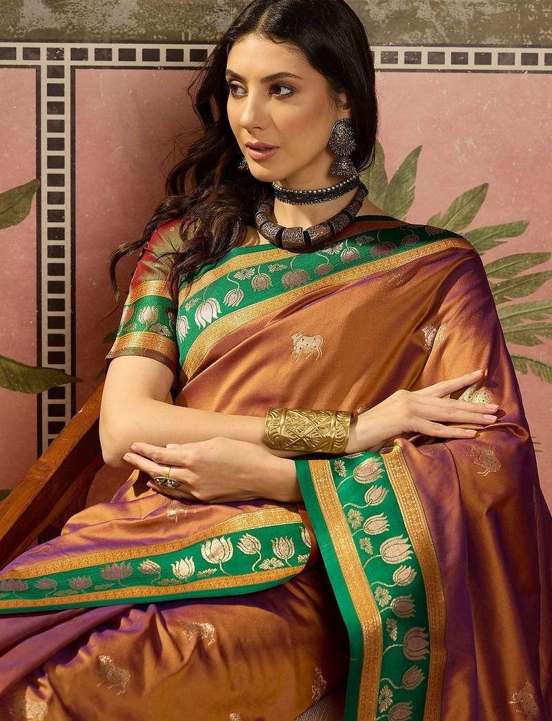 Gold zari woven design saree with contrast unstitched blouse