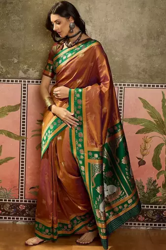 Gold zari woven design saree with contrast unstitched blouse