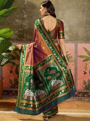 Gold zari woven design saree with contrast unstitched blouse 3