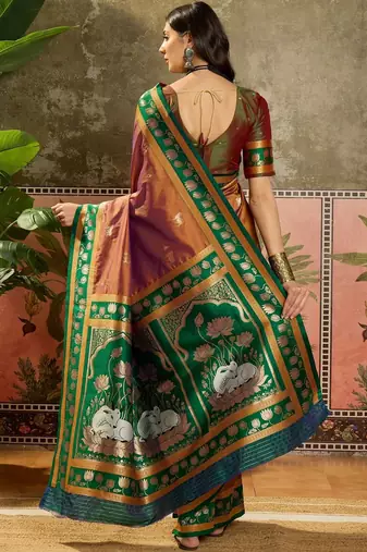 Gold zari woven design saree with contrast unstitched blouse