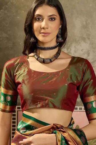 Gold zari woven design saree with contrast unstitched blouse