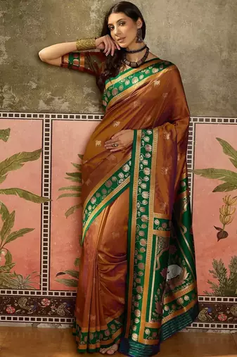 Gold zari woven design saree with contrast unstitched blouse