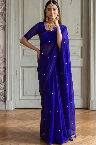 Blue embellished zari  cotton handloom khadi saree