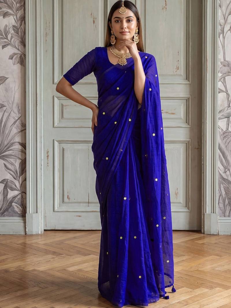 Blue embellished zari  cotton handloom khadi saree
