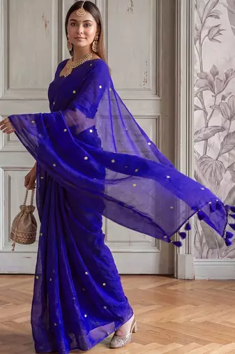 Blue embellished zari  cotton handloom khadi saree