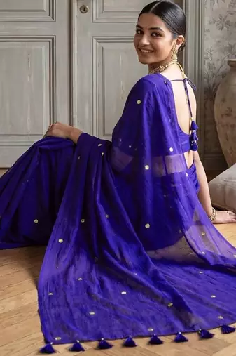 Blue embellished zari  cotton handloom khadi saree