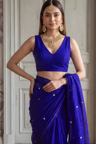 Blue embellished zari  cotton handloom khadi saree