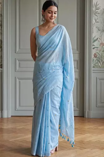 Blue embellished sequinned  cotton handloom khadi saree