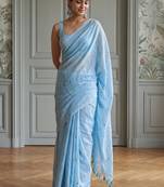 Blue embellished sequinned  cotton handloom khadi saree