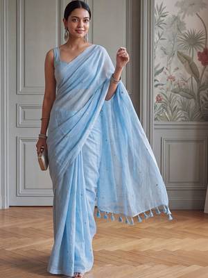 Blue embellished sequinned  cotton handloom khadi saree 2
