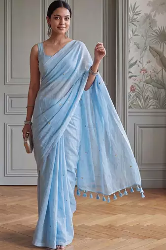 Blue embellished sequinned  cotton handloom khadi saree