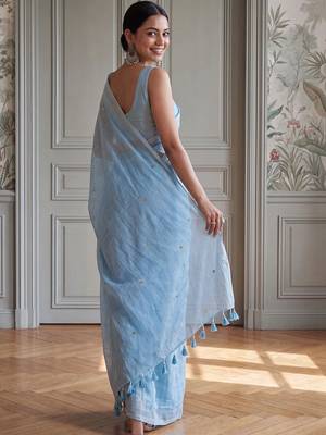 Blue embellished sequinned  cotton handloom khadi saree 3