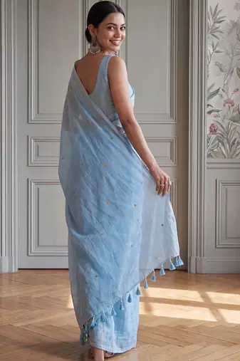 Blue embellished sequinned  cotton handloom khadi saree