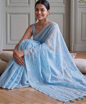 Blue embellished sequinned  cotton handloom khadi saree 4
