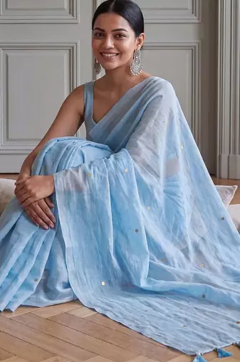 Blue embellished sequinned  cotton handloom khadi saree