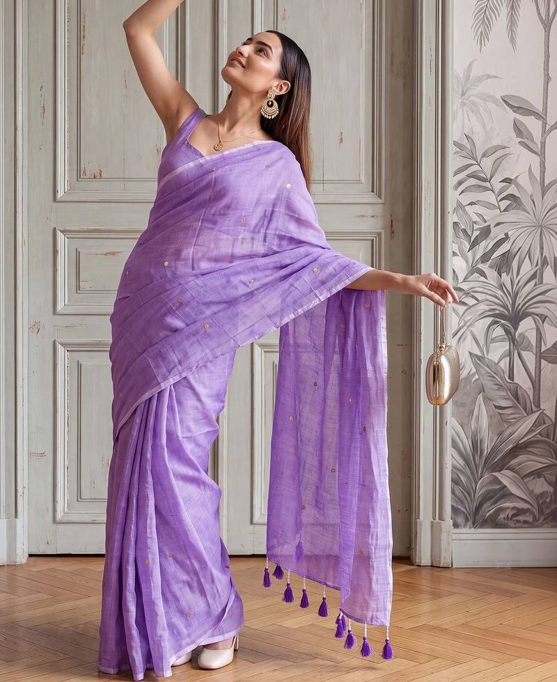 Lavender embellished sequinned  cotton handloom khadi saree