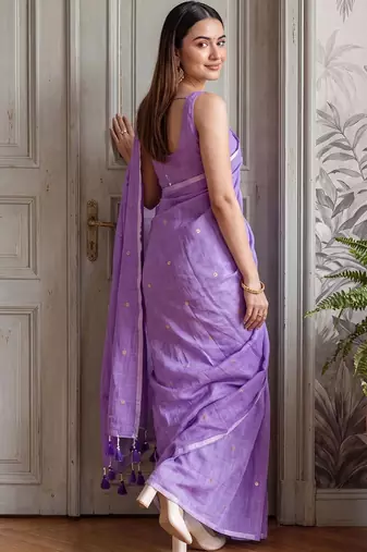 Lavender embellished sequinned  cotton handloom khadi saree