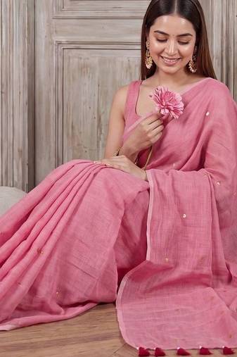 Pink embellished sequinned  cotton handloom khadi saree