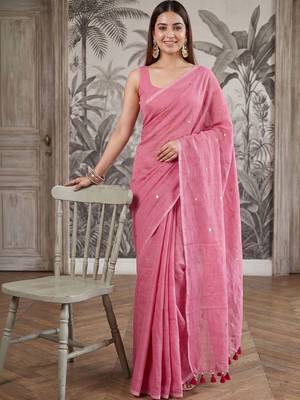 Pink embellished sequinned  cotton handloom khadi saree 2