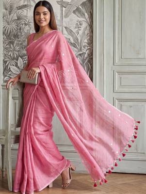 Pink embellished sequinned  cotton handloom khadi saree 3