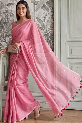 Pink embellished sequinned  cotton handloom khadi saree