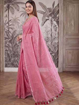 Pink embellished sequinned  cotton handloom khadi saree 4
