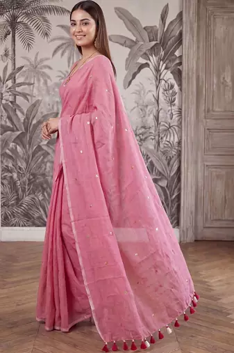 Pink embellished sequinned  cotton handloom khadi saree