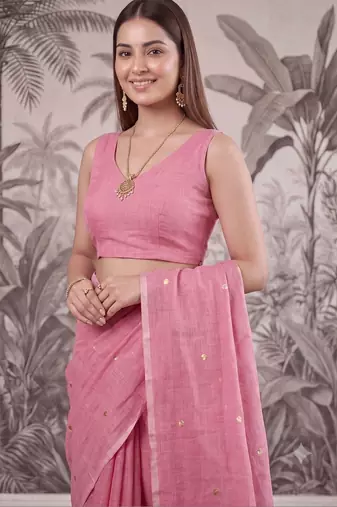 Pink embellished sequinned  cotton handloom khadi saree