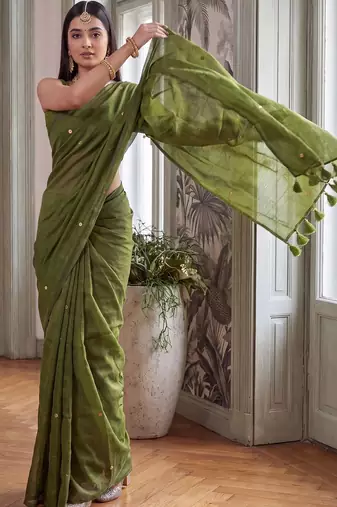 Olive embellished sequinned  cotton handloom khadi saree