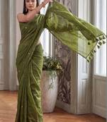 Olive embellished sequinned  cotton handloom khadi saree