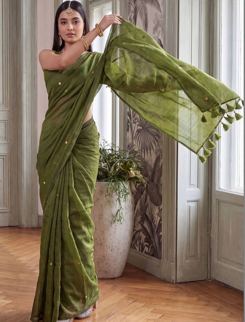 Olive embellished sequinned  cotton handloom khadi saree