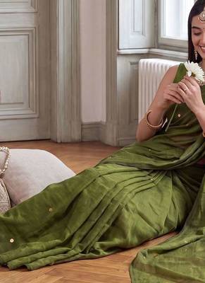 Olive embellished sequinned  cotton handloom khadi saree 2