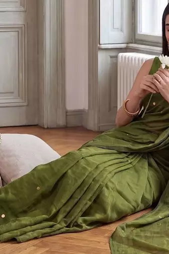 Olive embellished sequinned  cotton handloom khadi saree