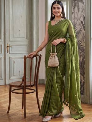 Olive embellished sequinned  cotton handloom khadi saree 3