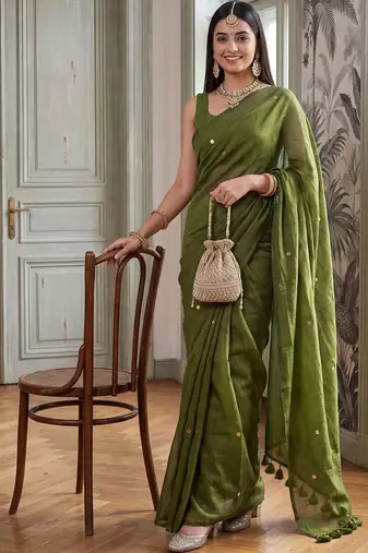 Olive embellished sequinned  cotton handloom khadi saree