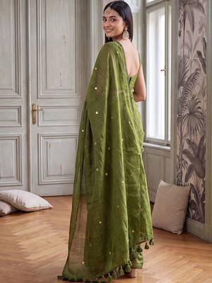 Olive embellished sequinned  cotton handloom khadi saree 4