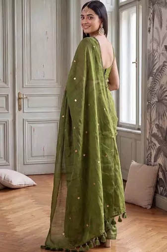 Olive embellished sequinned  cotton handloom khadi saree