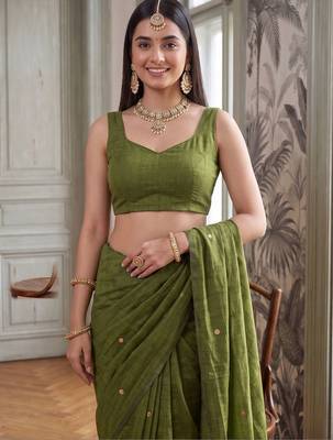 Olive embellished sequinned  cotton handloom khadi saree 5