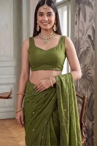 Olive embellished sequinned  cotton handloom khadi saree