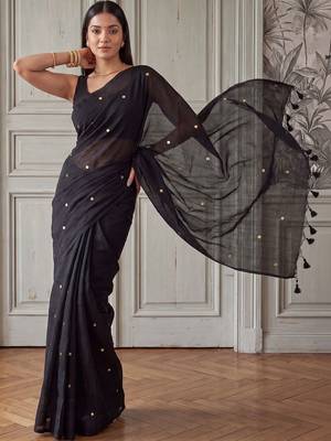 Black embellished sequinned  cotton handloom khadi saree 1