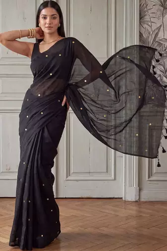 Black embellished sequinned  cotton handloom khadi saree