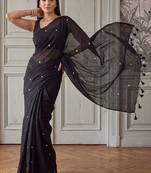 Black embellished sequinned  cotton handloom khadi saree