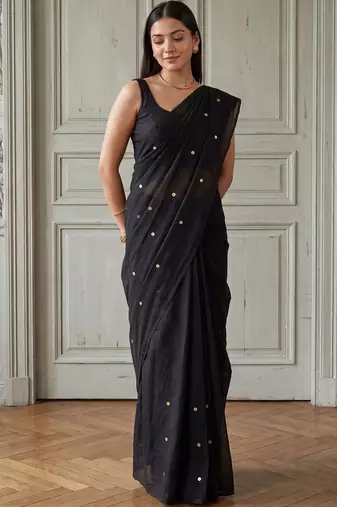 Black embellished sequinned  cotton handloom khadi saree