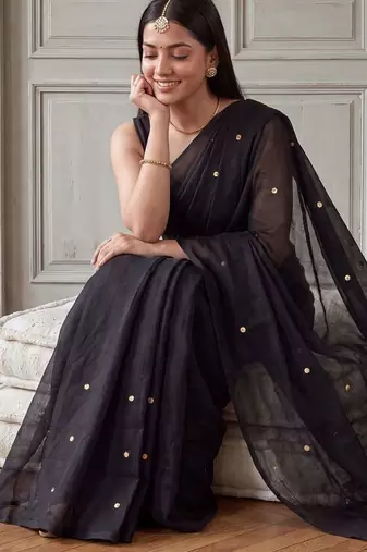 Black embellished sequinned  cotton handloom khadi saree