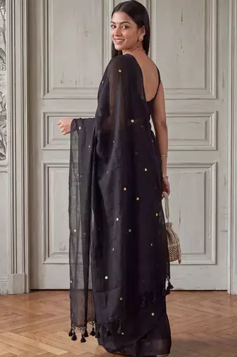 Black embellished sequinned  cotton handloom khadi saree
