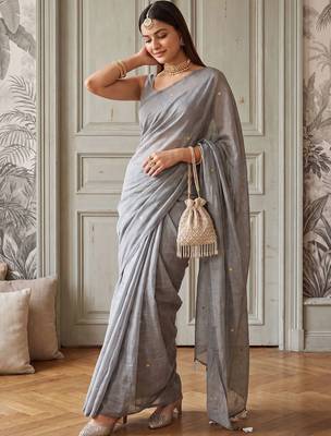 Grey embellished zari  cotton handloom khadi saree 1