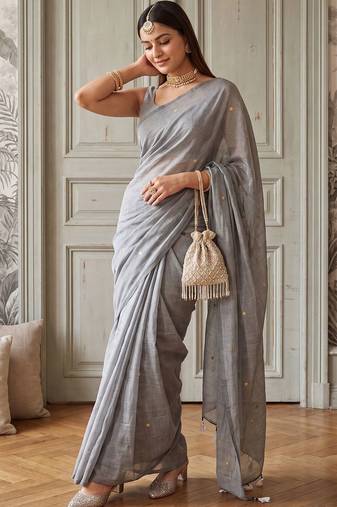 Grey embellished zari  cotton handloom khadi saree