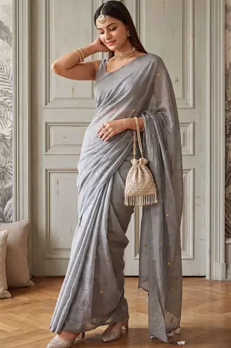 Grey embellished zari  cotton handloom khadi saree