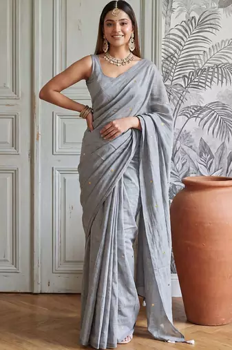Grey embellished zari  cotton handloom khadi saree